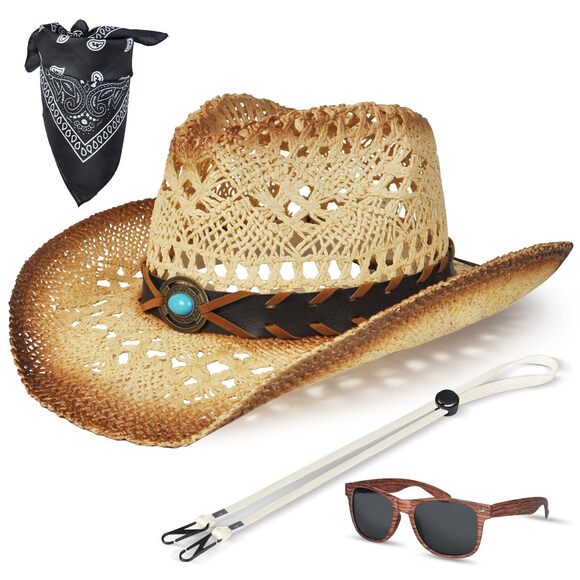 3246 Straw Cowboy Hat Western With Glasses And Bandana, Hat Size Fits 22.04 To main image 7